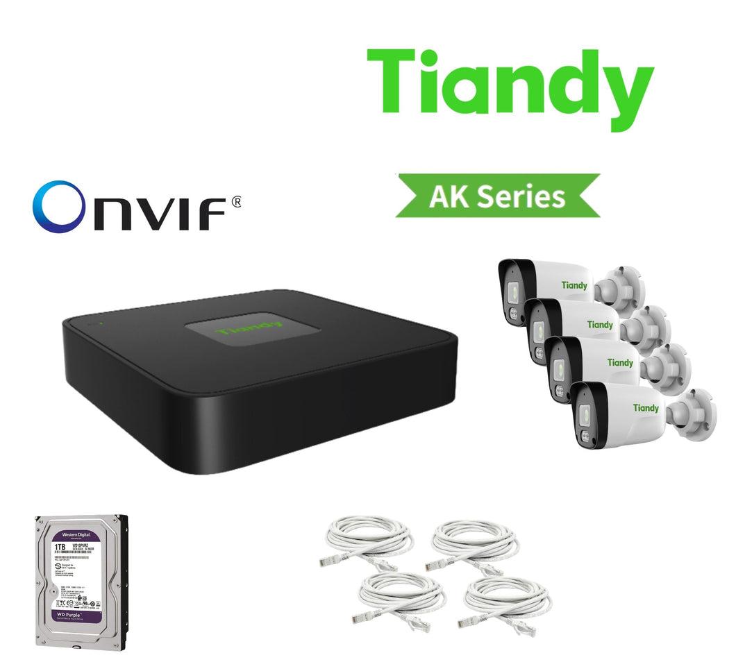 Tiandy  8CH 8POE NVR Kit with 1TB, 4x2MP Bullet, 4xCable Kit